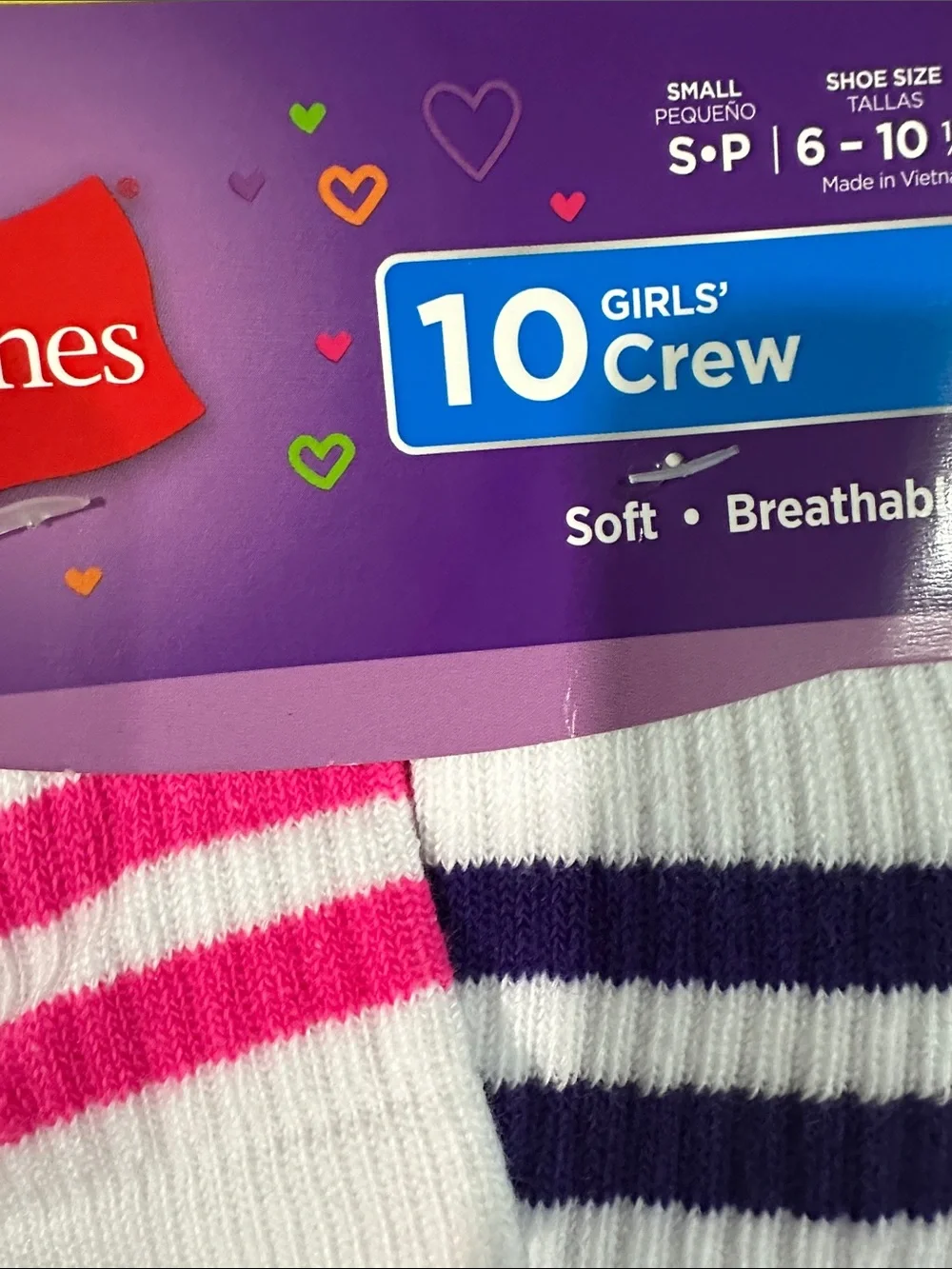 Hanes Girls Crew Socks - White with Pink & Purple Stripes